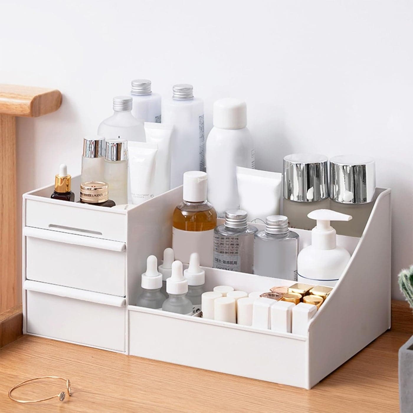 ZUKU MakeUp Organizer Stand Desk Storage Dressing Table Organiser Cosmetic Organizer Box Skin Care Table Bathroom Organiser Makeup Storage Box Makeup Vanity with Transparent DrawerWhite