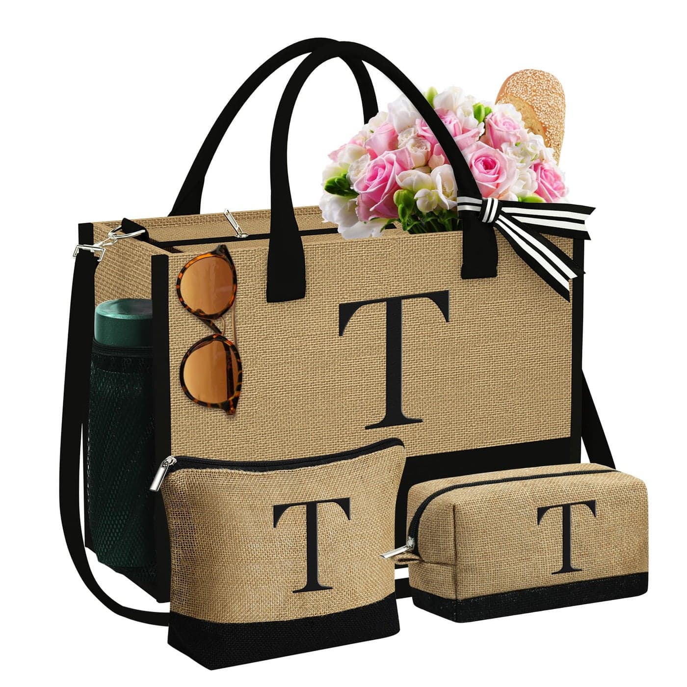 YOOLIFE Tote Bag for Women Teacher Gifts for Womens Her Birthday Beach Bag Tote Makeup Bags Gift for Teacher Female Girlfriend Wedding Bridesmaid Thank You Gift Personalized Gifts for Women Letter T