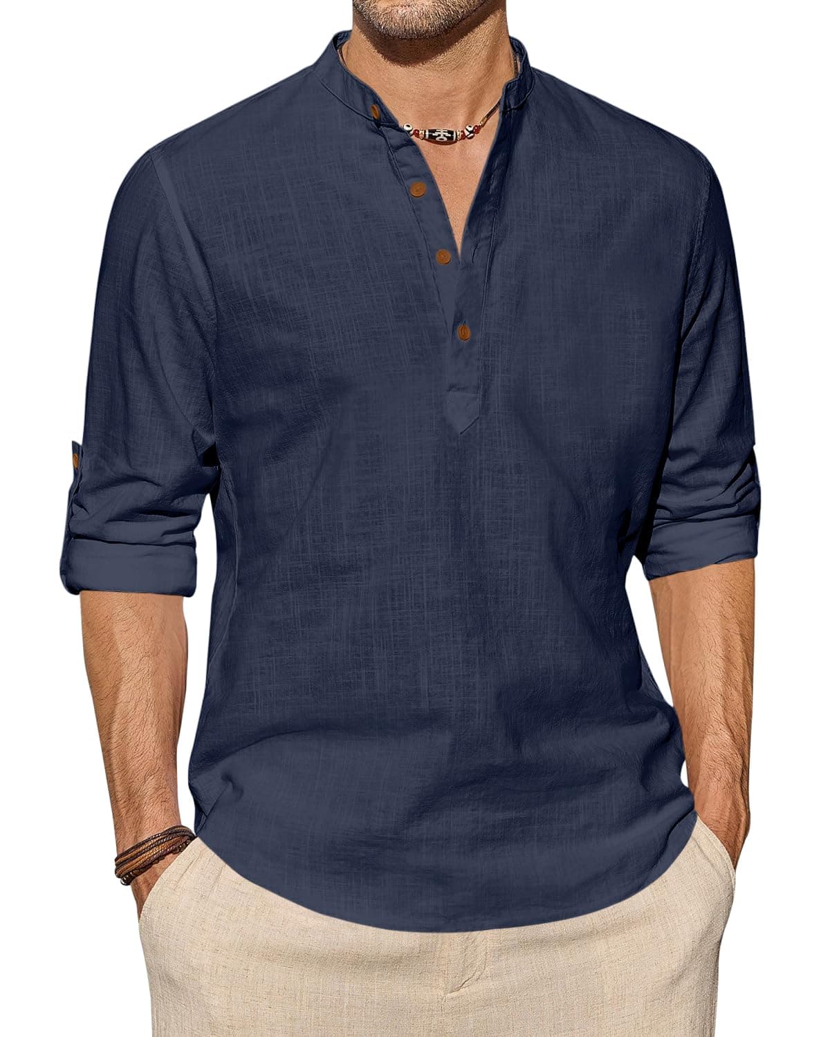 Zombom Men's Cotton Blend Solid Full Sleeve Short Kurta Shirt with Mandarin Collar