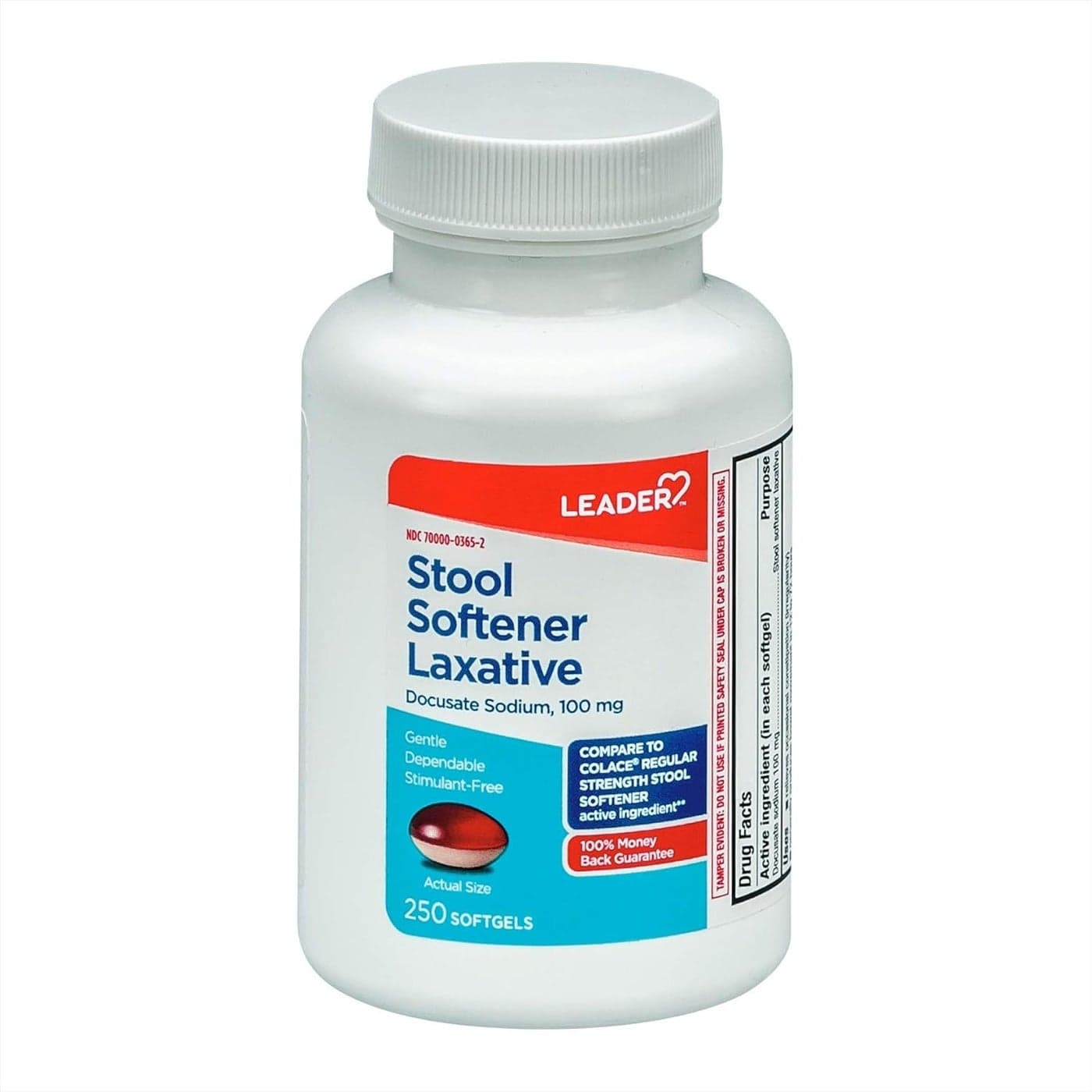 Leader Stool Softener Laxative 100 mg Docusate Sodium Stool Softener for Gentle Dependable Relief 250 Softgels
