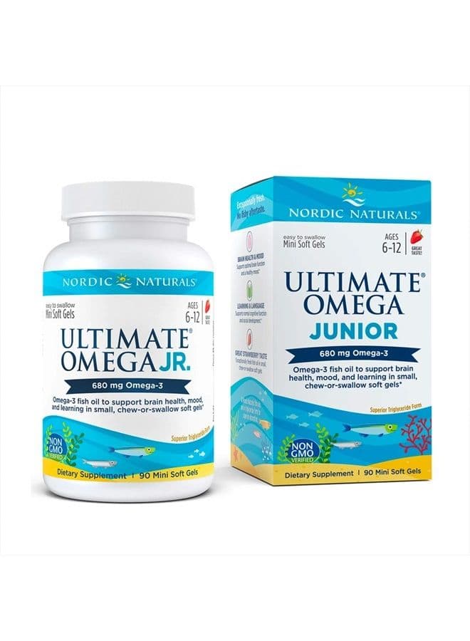 Ultimate Omega Jr, Strawberry - 90 Mini Soft Gels - 680 Total Omega-3s with EPA & DHA - Brain Health, Mood, Learning - Non-GMO - 45 Servings