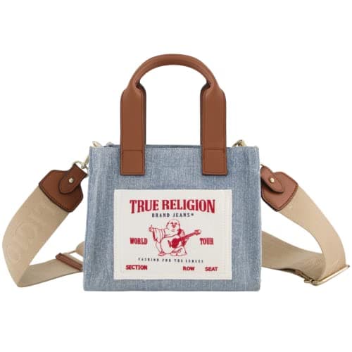 True Religion Tote Bag, Women's Mini Travel Shoulder Bag with Adjustable Strap, Denim