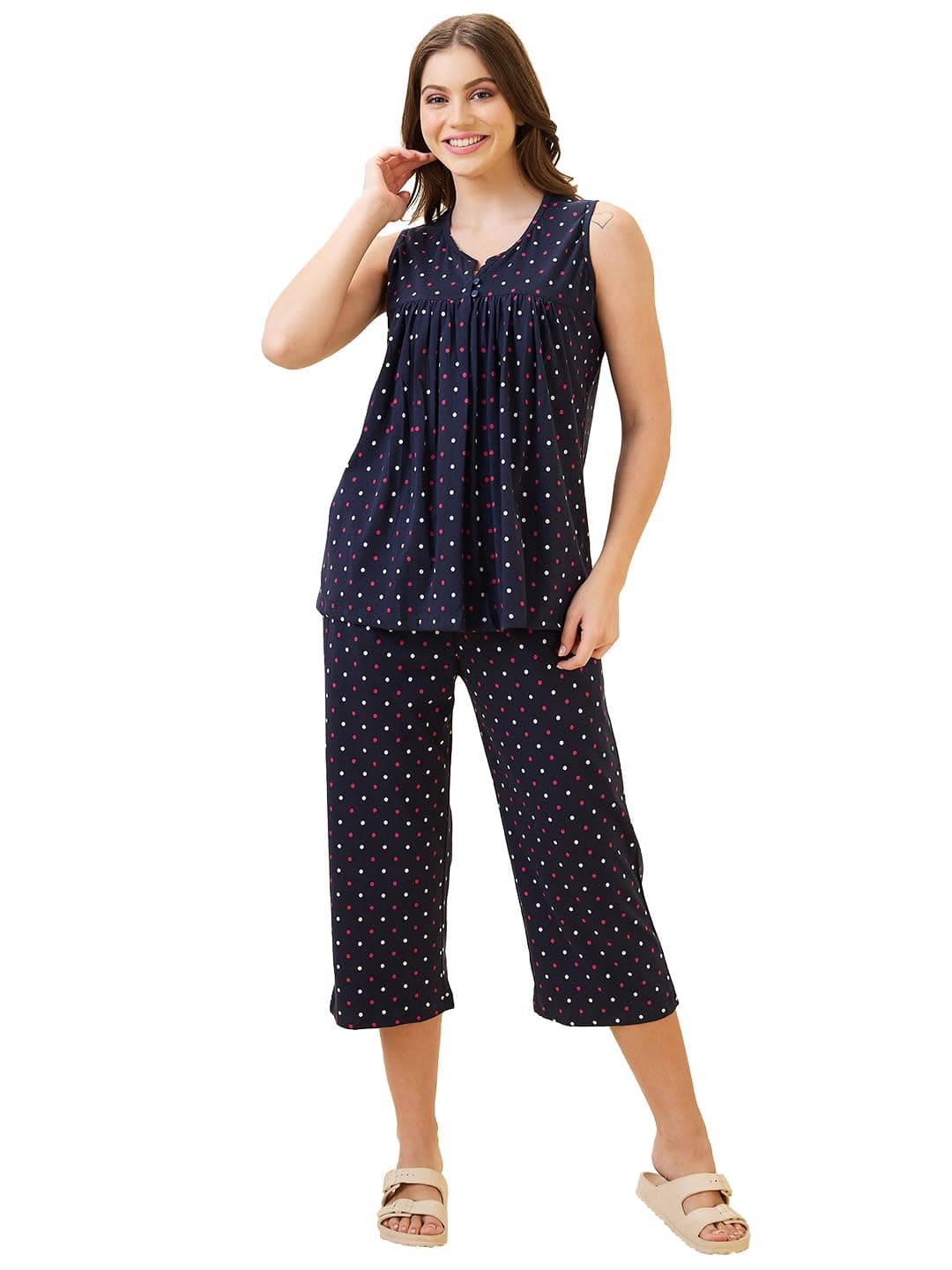 AV2 Women's Cotton Printed Round Neck Sleeveless Nightsuit Set | Capri Set | Casual Night Dress for Women Navy X-Large 2894