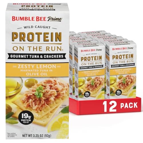 Bumble Bee Prime Protein on the Run Tuna Snack Kit, Pack of 12 - Gourmet Tuna Marinated in Olive Oil & Zesty Lemon with Crackers and Serving Utensil - 19g of Protein Per Serving