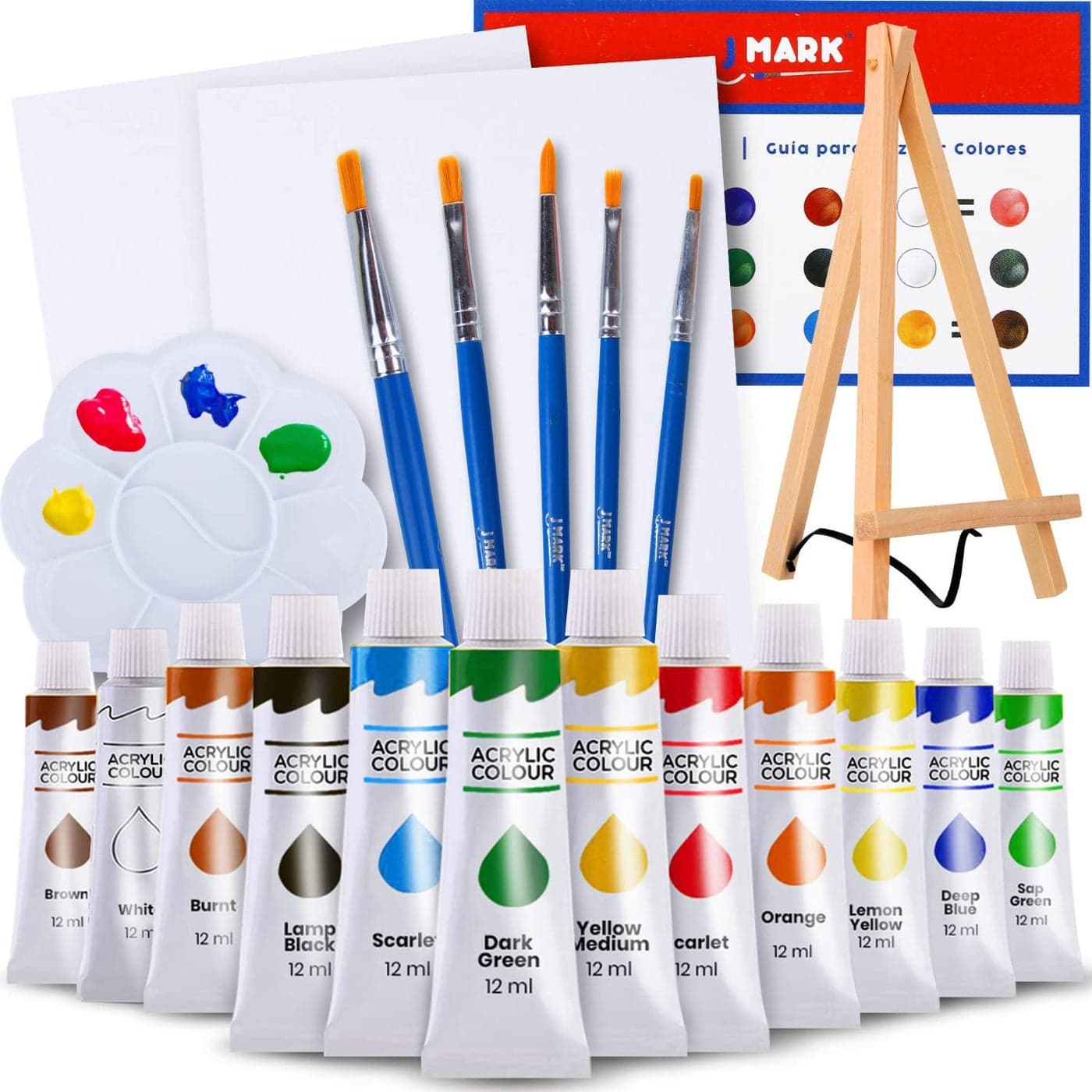 J MARK Painting Kit Includes Acrylic Paint Set 8 x 10 in Canvases Brushes Palette and More