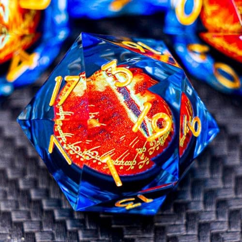ARUOHHA DND Resin Dice Gazes Eye Dice Golden Blue Liquid Core Flaming RPG Sharp Edged Dice Set with Gift Box Polyhedral D and D Dice Set Compatible with Dungeons Dragons Role Playing Game D20 D6