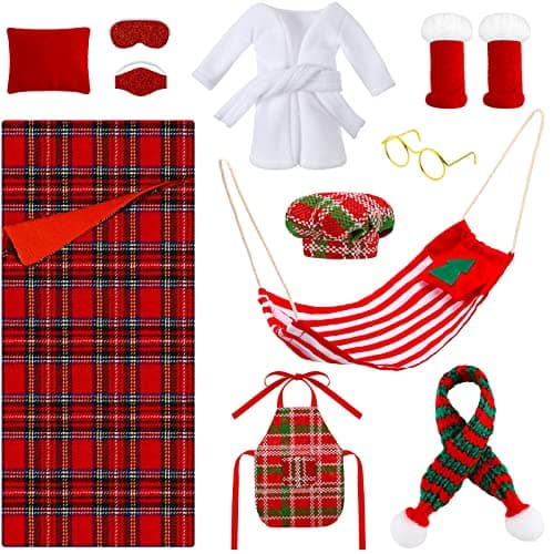 Kacctyen 11 Pcs Sleeping Bag Christmas Accessory for Doll Include Christmas Doll Sleeping Bag Bathrobe Apron Chef Hat Scarf Glasses Pillow Eye Mask Shoes Mask Hammock for Doll Decor Elegant