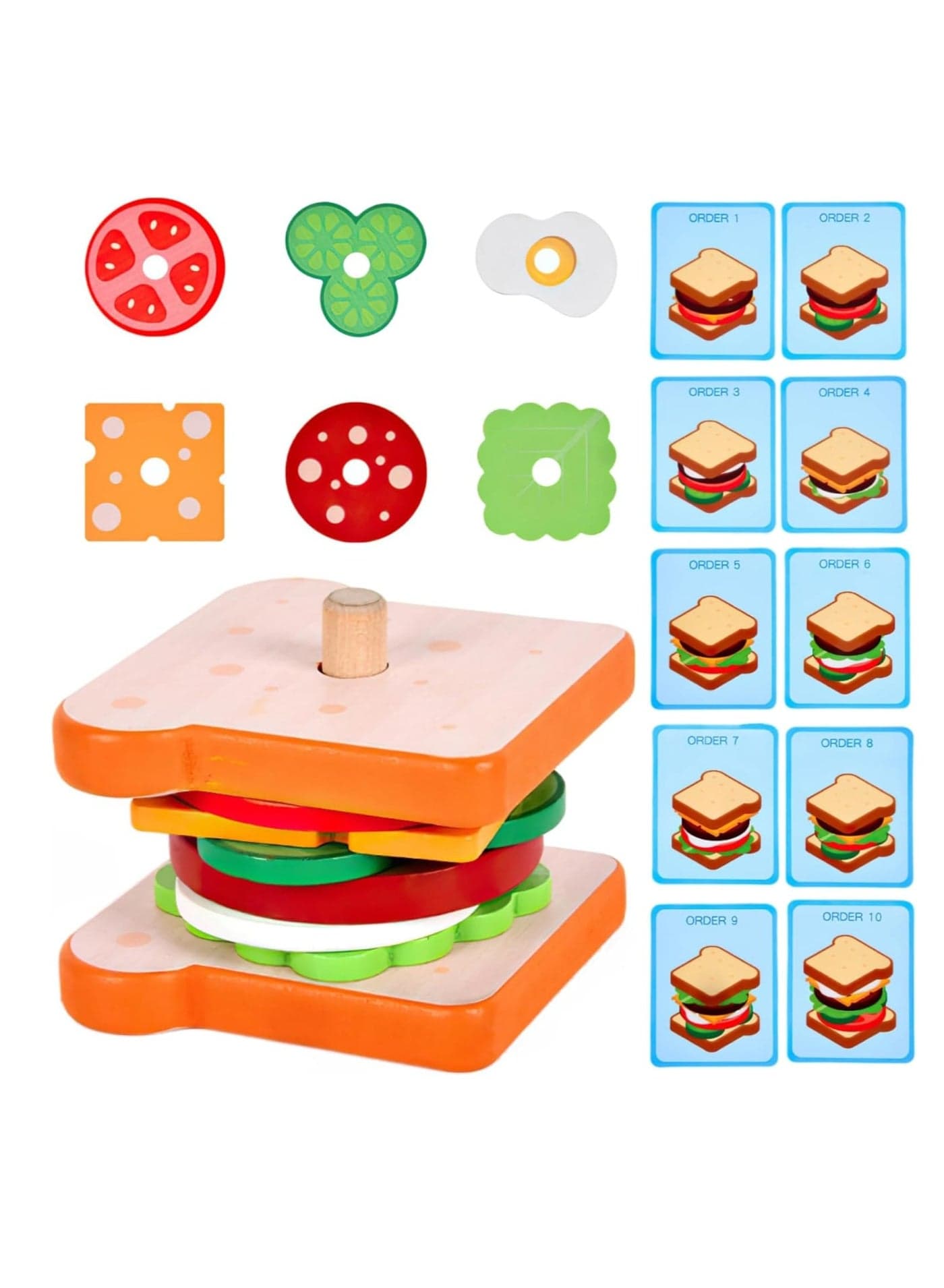 Wooden Sandwich Stacking Toy for Kids, Pretend Food Toy for Toddlers, Montessori Toys for 3 Year Olds, Preschool Educational Toys for Developing Fine Motor Skills (Sandwich)