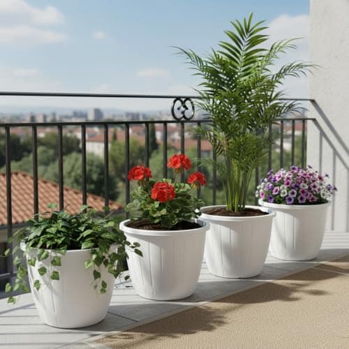 Go Hooked Flower Pot for Gardening | Indoor/Outdoor Planter | White | 10 INCH | Pack of 4 | Plastic | Planters