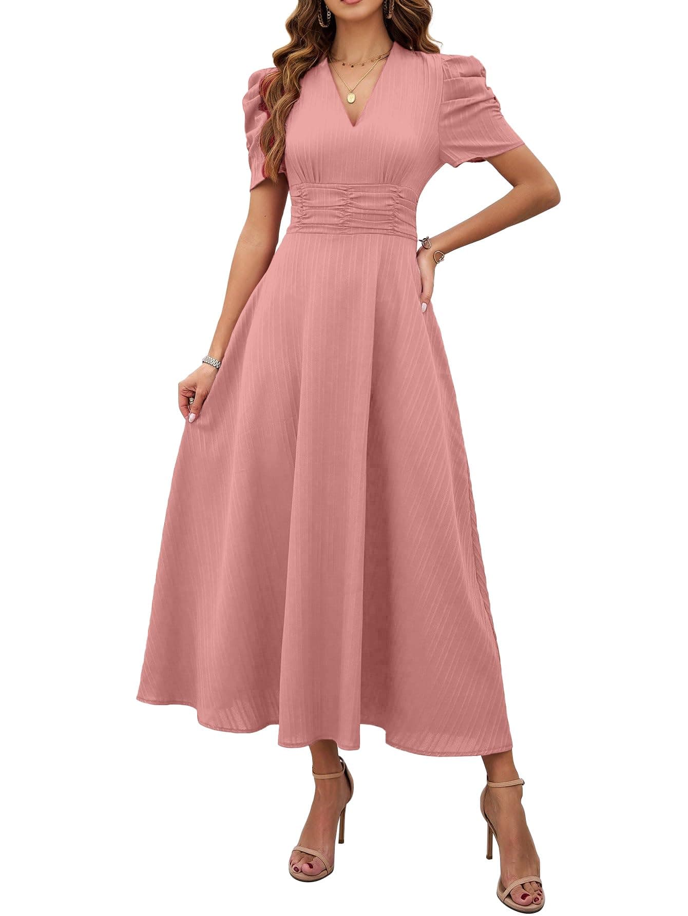 Shasmi Girl's & Women's Peach Solid Color V-Neck A-Line Maxi Dress for Women | New Year Party Outfit | Waist Cinched Puff Sleeve Western Dress | Elegant Casual Wear (Dress 246 Peach-L)