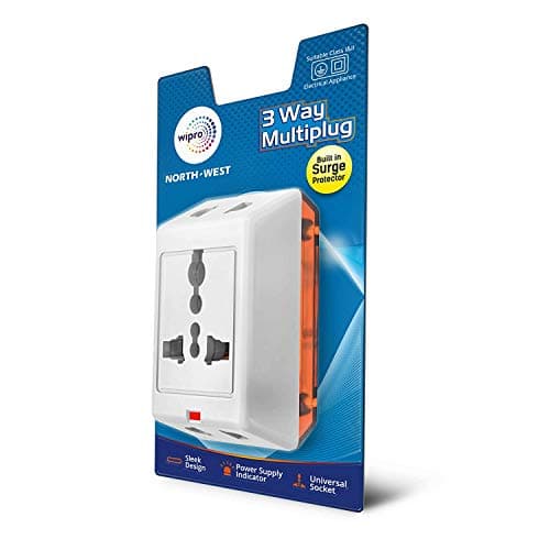 Wipro 3 Way Multiplug Adaptor with 1 Universal Sockets |Inbuilt Surge Protection & Power supply Indicator | Compact & Light weight | 6Amp Multiplug socket for Home, Office | Pack of 3 (White)
