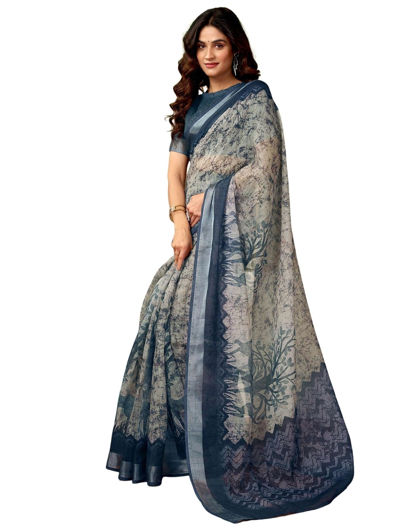 SIRIL Women's Cotton Linen Printed Ready to Wear Saree with Blouse, One Minute Saree Ready to Wear (33RS312_Grey)