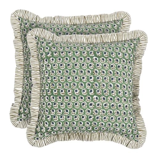 Ridhi Block Print Basil Green Throw Pillow Cover 20 x 20 Pack of 2 Decorative Cushion Covers with Ruffle for Couch Sofa Bed Living Room Home Decor Gift for Spring Easter Valentine
