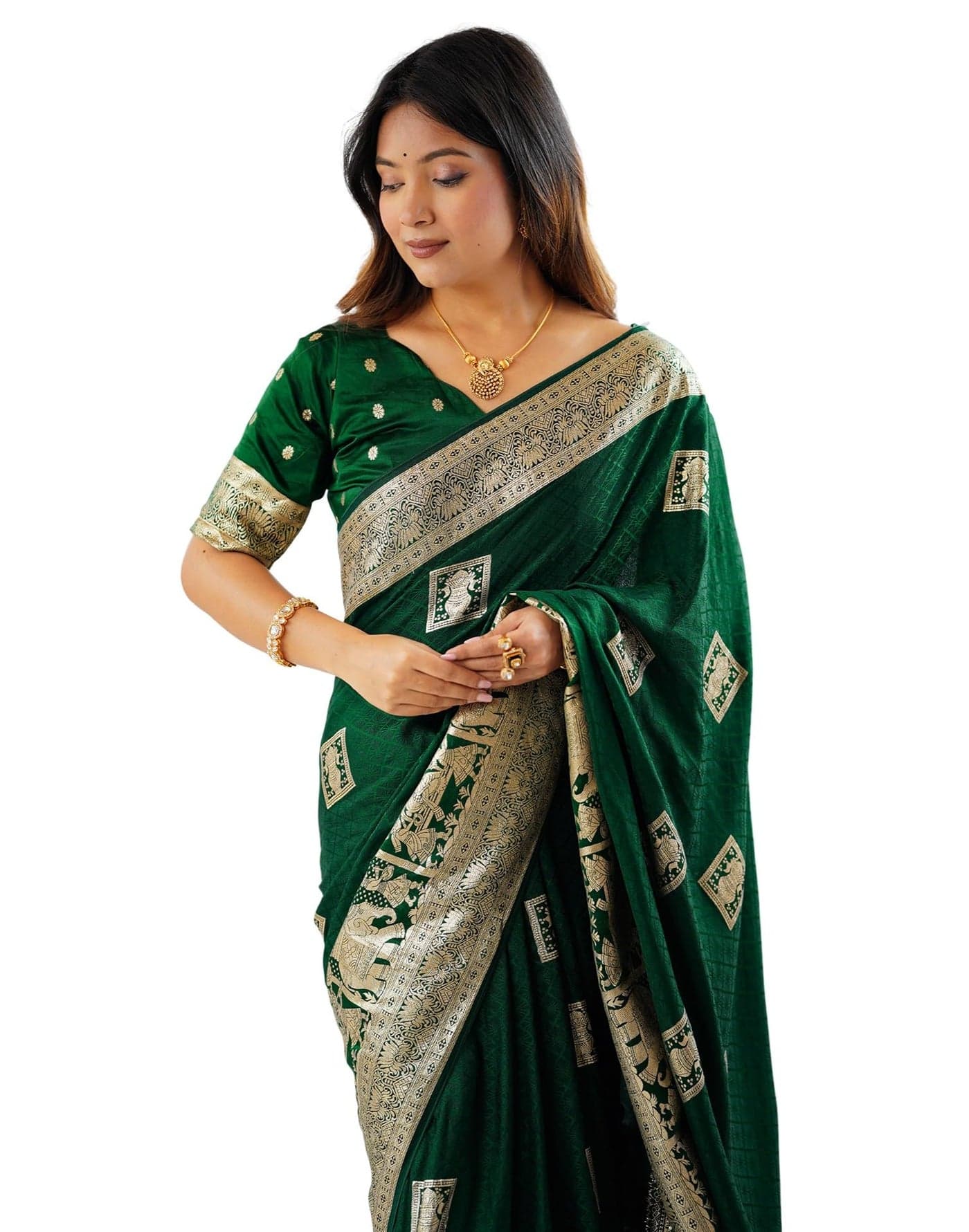 SIRIL Women's Soft Silk Banarasi Weaving Saree With Unstitched Blouse (4612S6956_Green)