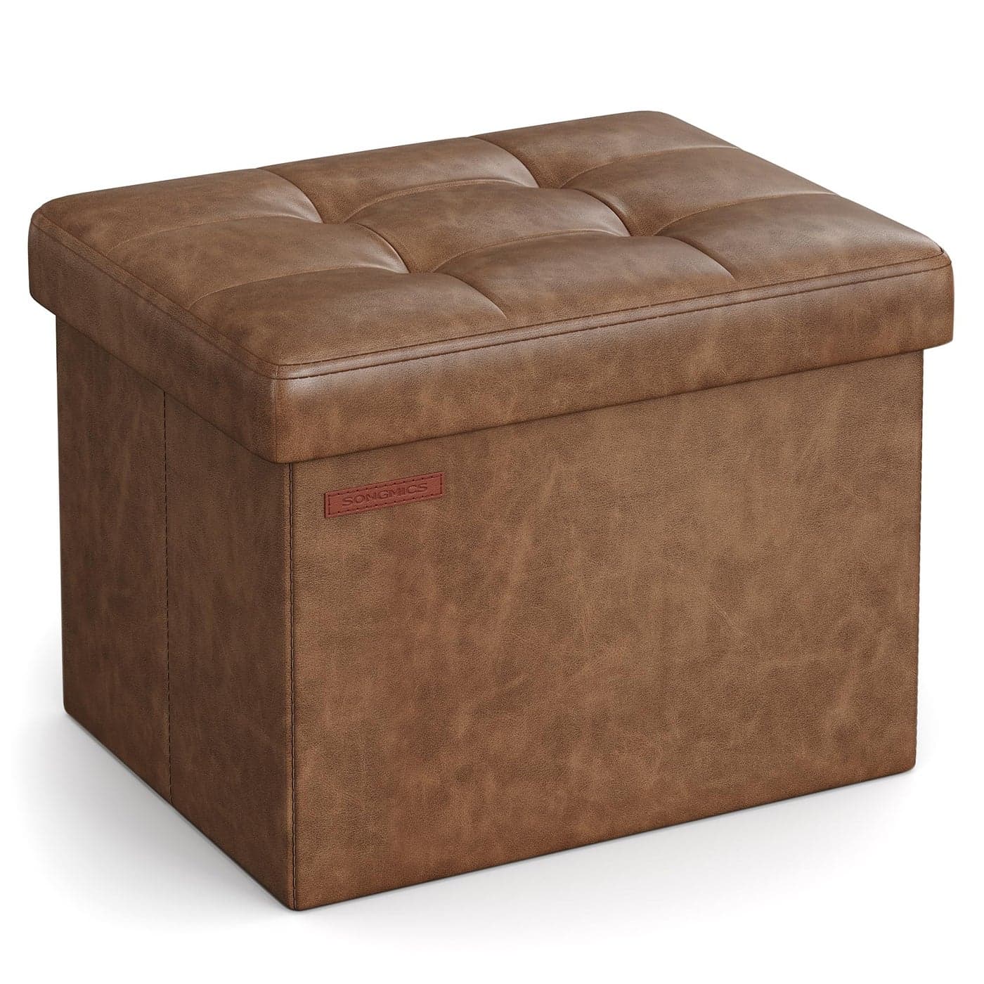 SONGMICS Small Folding Storage Ottoman Foot Rest Stool Cube Footrest Synthetic Leather 122 x 161 x 122 Inches 286 lb Capacity for Living Room Bedroom Dorm Coffee Brown ULSF100K01