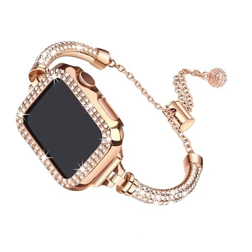 Secbolt Bling Bands Compatible with Apple Watch Band 40mm with Case, Women Dressy Metal Bracelet with Rhinestone Bumper for iWatch SE Series 6/5/4, Rose Gold
