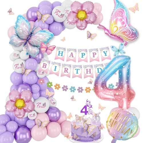 4th Birthday Decorations for Girl 4 Year Old Bday Decor Girl Butterfly Bday Party Decor Pink and Purple Balloons Four Birthday Decoration