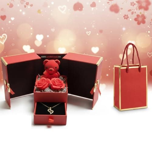 NYRWANA Gift for Women, Wedding Gift for Couples| Teddy Rose Box with Heart Necklace, “I Love You” in 100 Languages | Birthday Present for Girlfriend, for Couple (Red Box)