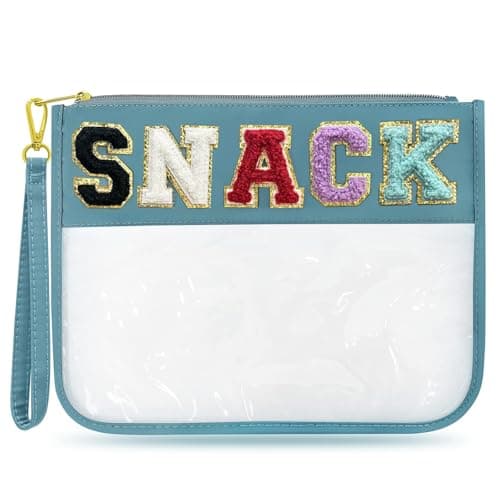 LSxia Chenille Letter Clear Travel Zipper Pouch Nylon Makeup Bag, Preppy Makeup Bag Clear Cosmetic Toiletry Bag, Water-proof Makeup Travel Pouch Snack Bags for Women (Blue-Snack)