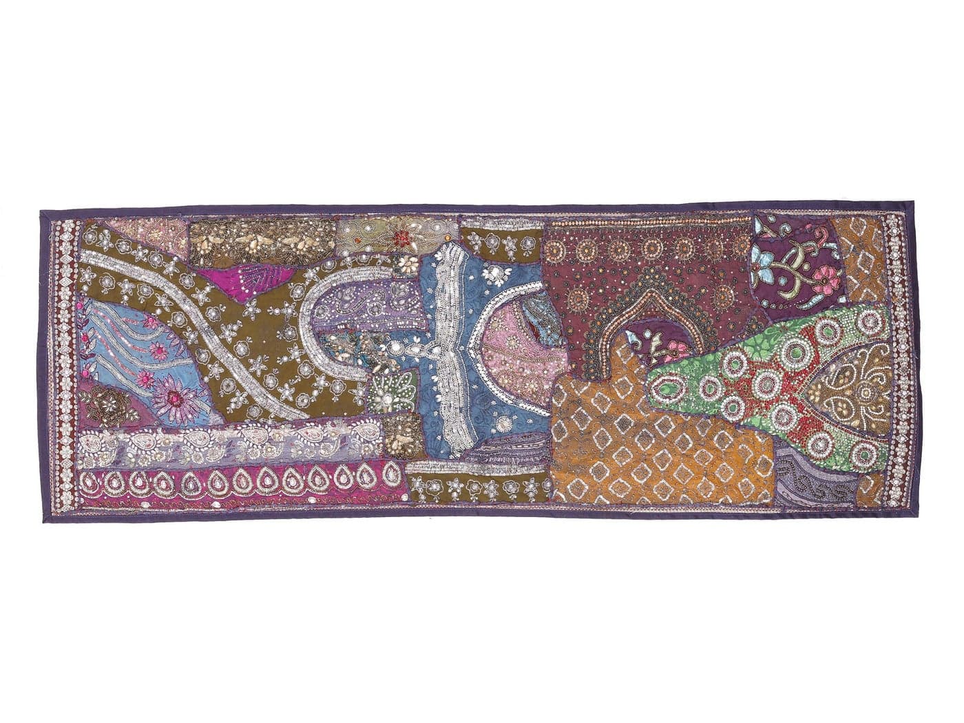 HANDICRAFT-PALACE Patchwork Wall Decor Runner Wall Hanging Embroidery Table Runner Tapestry Cotton Beaded Tapestries (Grey)