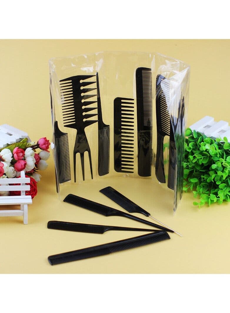 New Professional Multipurpose 10 Pcs Hair Comb Set Hair brush for Hair Cutting and Styling (BLACK)