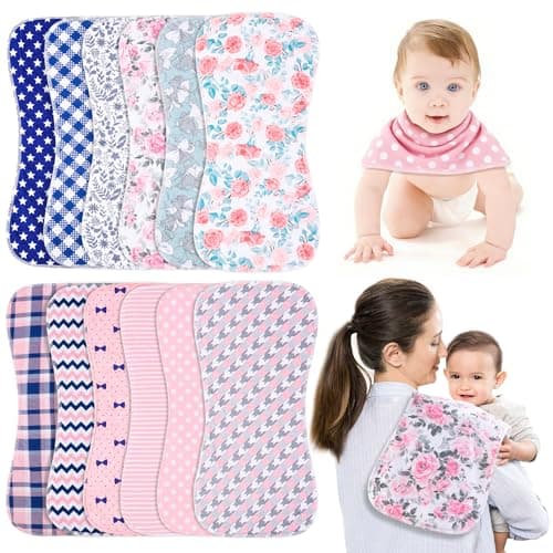 Benoxine Baby Burp Cloths & Baby Bibs 2-in-1 Design Large Size 3 Layers Thicken Cotton Super Absorbent and Soft Baby Spit Up Burping Rags Baby Burp Cloth Set for Boys and Girls Solid 12 Pack
