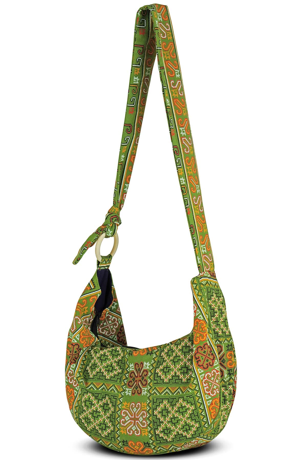 Hobo Crossbody Bag for Women – Handmade Cotton Boho Purse with Wooden Ring | Lightweight Slouchy Shoulder Sling Tote Bag (Tribe_Green)