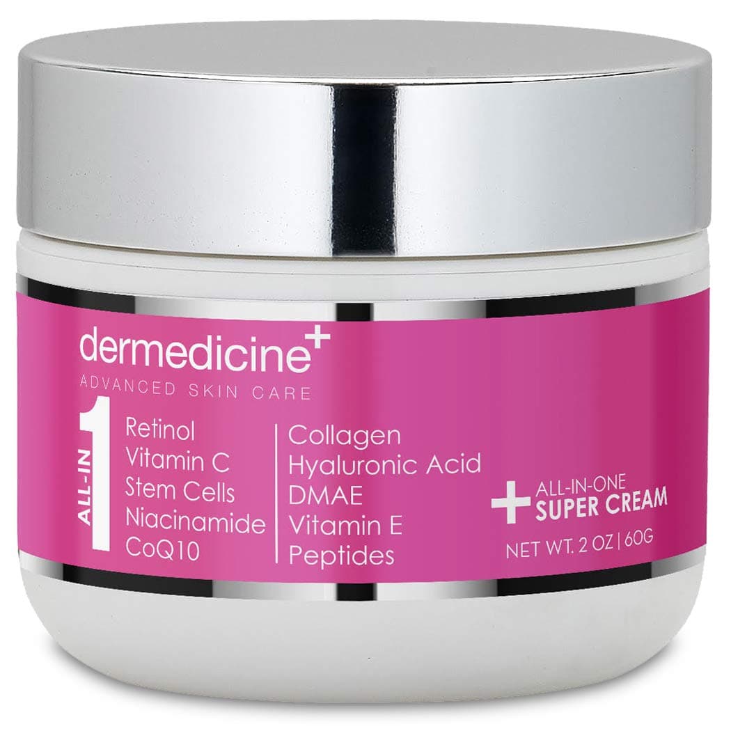 All In One Super Anti-Aging Cream for Face with Retinol, Vitamin C, Stem Cells, Vitamin E, CoQ10, Collagen, Hyaluronic Acid, DMAE, Peptides, Niacinamide for More Youthful Looking Skin 2oz