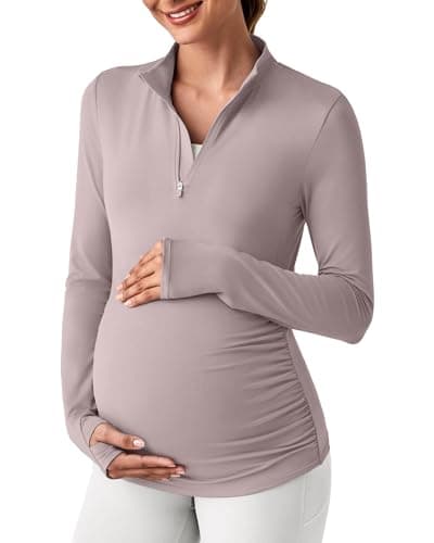 G4Free Maternity Sun Shirts Long Sleeve UV Pregnancy Workout Tops Thumb Hole Wicking Side Ruched Rash Guard for Athletic(Gray Lilac,XL)