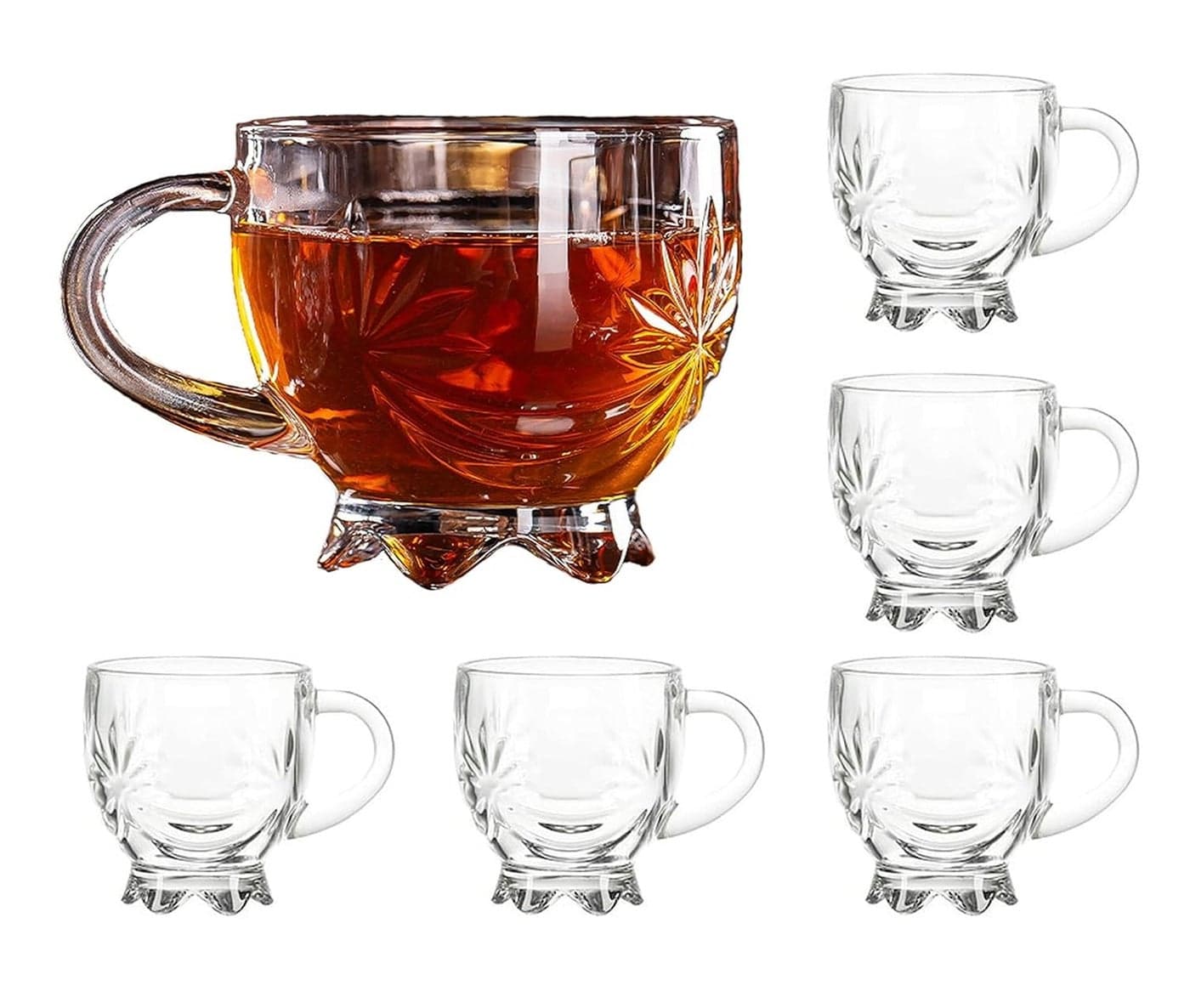 ANKUL Premium Glass Coffee Mug Tea Cups Set of 6-150 ML, Transparent, Glass Cups Set for Coffee, Green Tea, Herbal Tea, Lemon Tea, Milk Cup, Hot/Cold Drinks Cups (Flower, 6)
