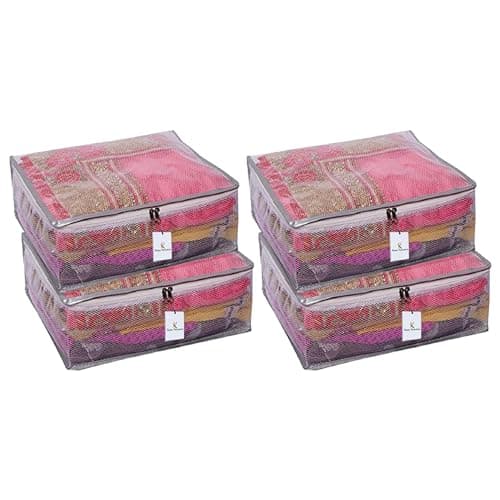 Kuber Industries 40 x 31 x 17 CM PVC Clothes Organizer For Wardrobe (Pack of 4) - Transparent Storage Organizer For Saree | Shirts | Lehenga - Dress Organizer For Wardrobe With Net