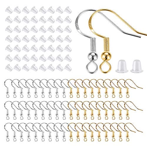 200 PCS100Pairs 925 Sterling Silver and Gold Earring HooksHypoallergenic Fish Earring Hooks Earwires for DIY Jewelry Making Supplies with 200 PCS Soft Silicone Earring Backs