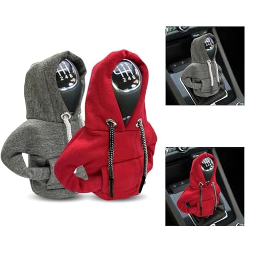 2PCS Car Gear Shift Cover, Fashionable Hoodie Car Shift Knob, Winter Warm Gear Shift Knob Cover Sweater Shirt, Auto Interior Accessories, Universal Car Decor Accessories (Red&Gray)