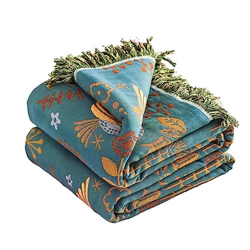 VANJOROY Boho Throw Blanket 100 Organic Cotton Breathable Ultra Soft 80 x 90 Bed Quilt Throw Floral Rustic Bird Farmhouse Decor Luxury Reversible Blanket for Sofa Couch Chair and GiftTealBeige