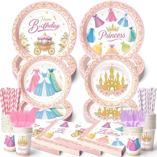 300 Pcs Princess Paper Plates Napkins Birthday Party Supplies Include Forks Cups Straws Summer Party Tableware Set for Kids Serves 50 Guests