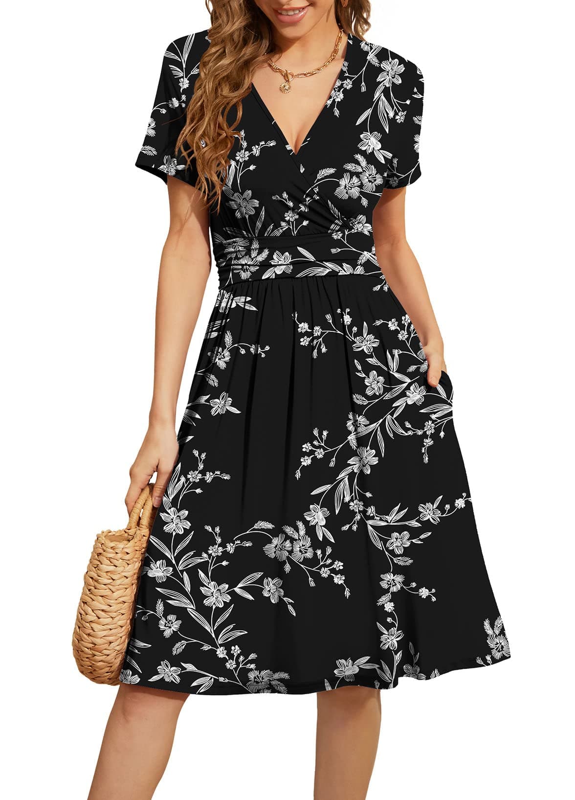 WEACZZY Casual Summer Dresses for Women 2025 Loose Dresses Short Sleeve Dress for Women V Neck Pleated Midi Dress,Floral White Black,XL