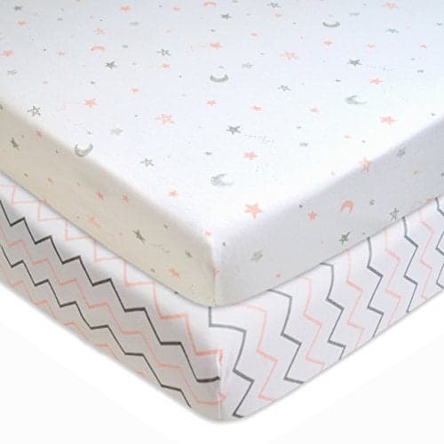 American Baby Company 2 Pack 100% Natural Cotton Fitted Pack and Play Sheets 39" x 27" - Soft & Breathable Pack N Play Sheets for Playard & Mini Crib Mattress, Pink Stars/Zigzag, for Boys & Girls