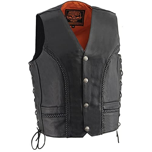 Milwaukee Leather ML1359 Men's Black Premium Leather Side Lace Motorcycle Rider Vest w/Buffalo Nickel Snaps Closure - 40