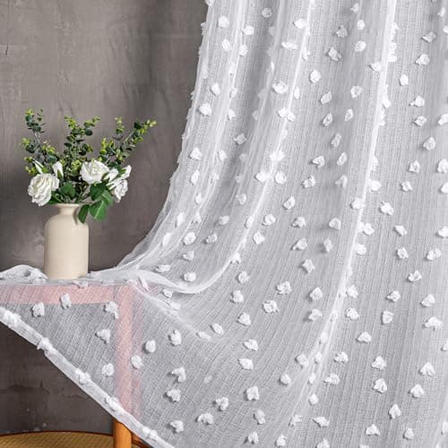 MYSKY HOME Pom Pom White Sheer Curtains for Bedroom Girls Room Curtains for Nursery Kids Light Filtering Boho Window Drapes, Rod Pocket, 52 x 95 Inches, 2 Panels