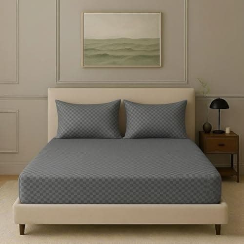 Trance Home Linen 300TC Premium Jacquard Weave Skin Friendly Fitted Bedsheet with 2 Pillow Cover - 100% Cotton (72 x 60 Inches | Dark Grey)