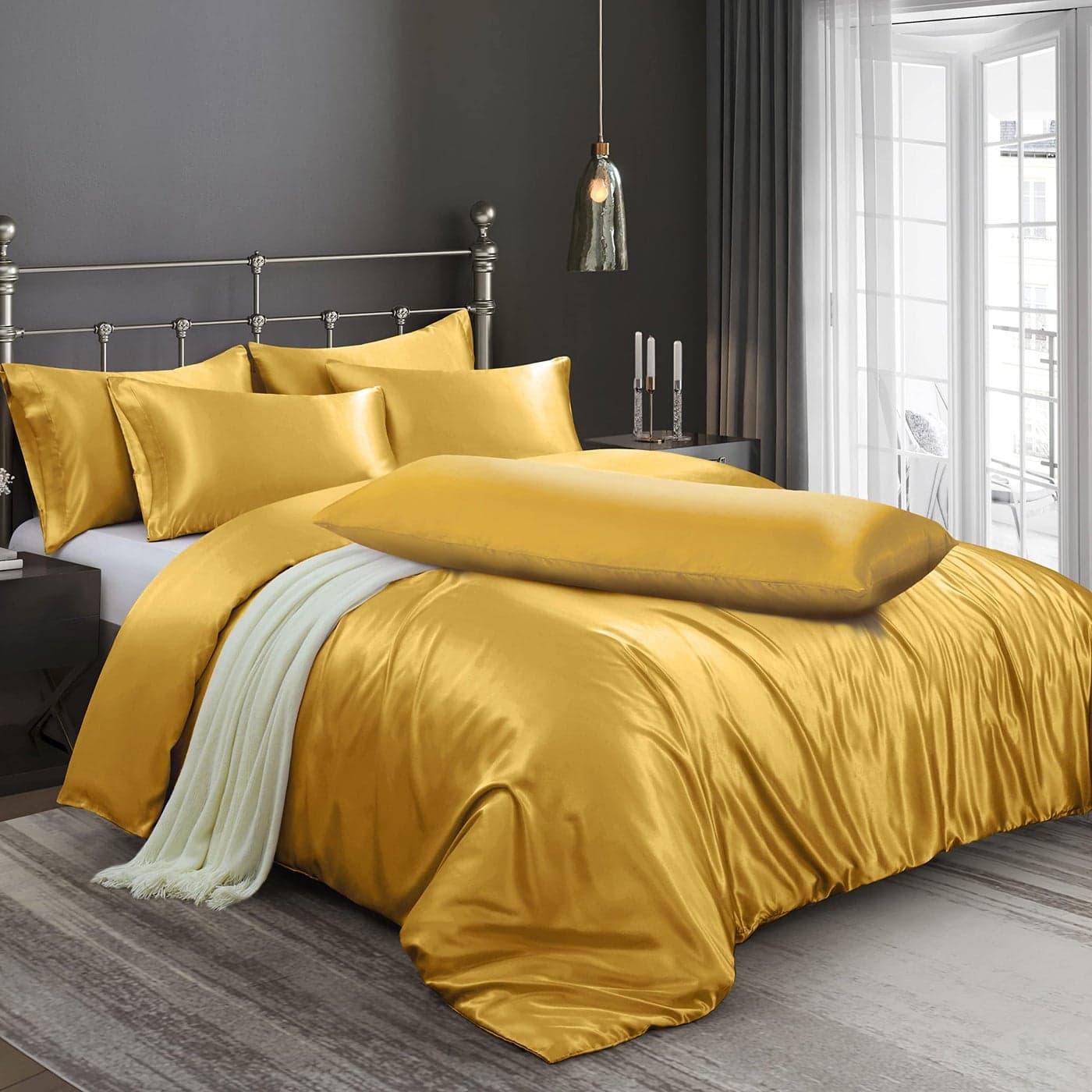 Ersmak 6 Pieces Satin Duvet Cover FullQueen Size Luxury Silky Bedding Duvet Cover Set with 1 Soft Duvet Cover 4 Queen Pillowcases and 1 Body Pillowcase Gold