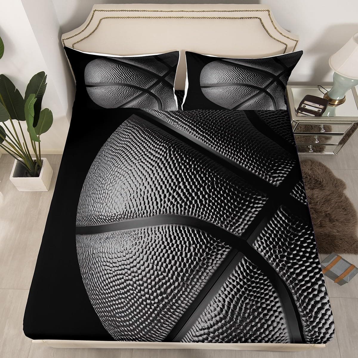 Black Basketball Games Fitted Sheet Full Size 3D Sports Collections Basketball Gaming Theme Soft Decorative Fabric Bedding Deep Pocket for Children Teens Young Boys Girls with 2 Pillowcases
