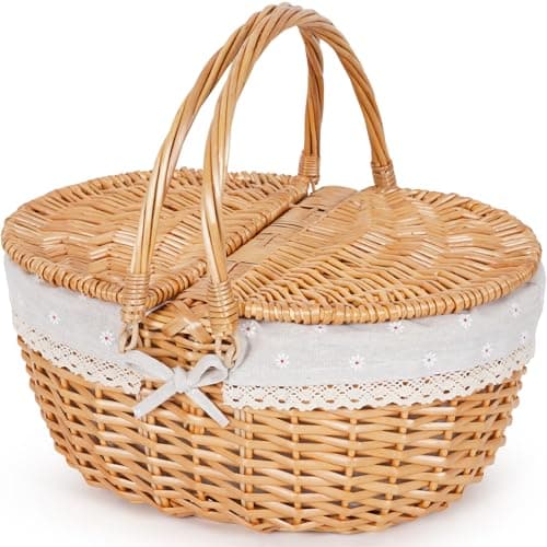 Happypicnic Wicker Picnic Basket with Handle 15 Large Empty Picnic Basket with Lid Removable Liner Vintage Hand Woven Basket for Picnics Camping Veg Picking MotherS Day Thanksgiving Flower