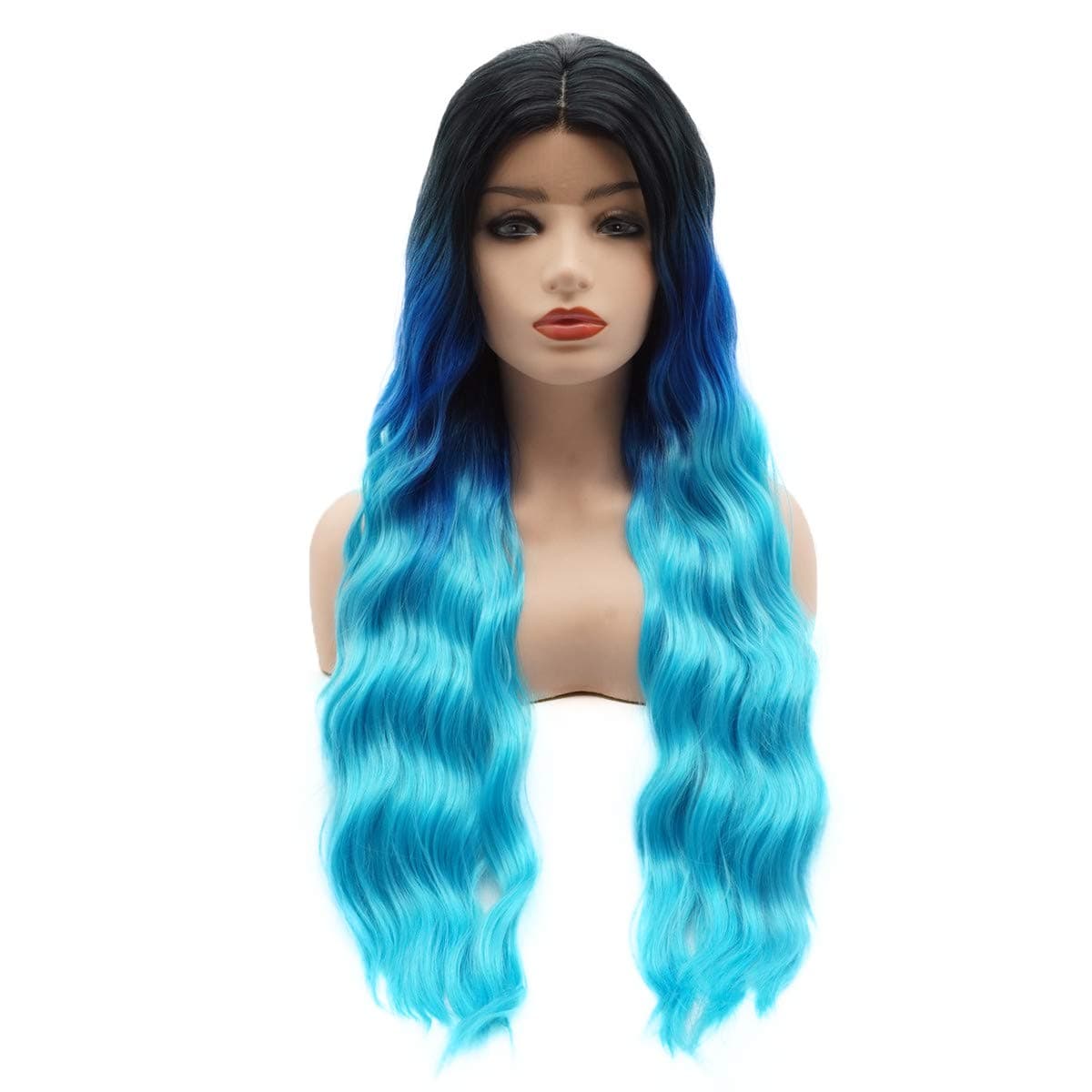 Meiyite Hair Wavy Long 26inch Dark Root Two Tone Blue Ombre Wig Heavy Density Realistic Synthetic Lace Front Wig