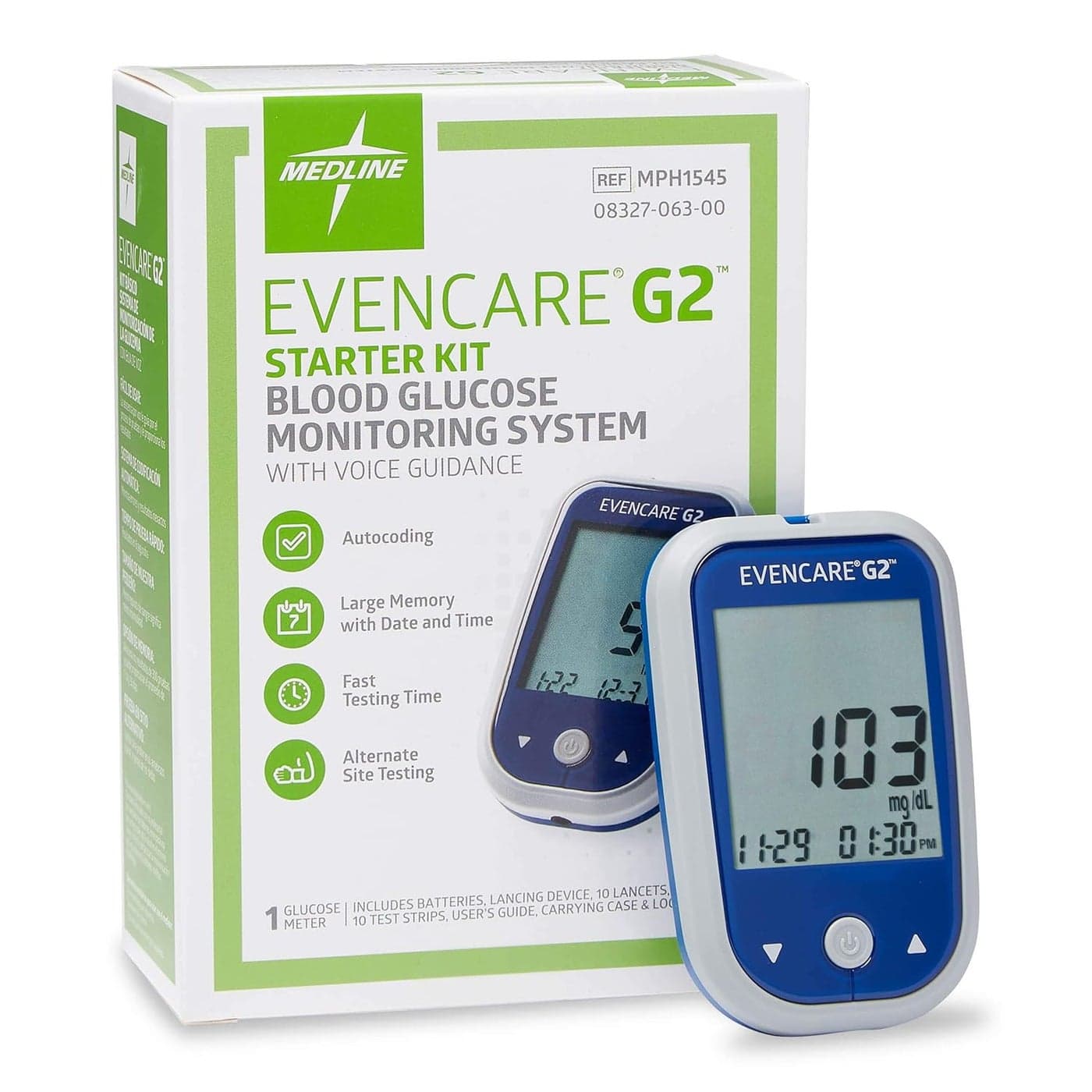 Medline EvenCare G2 Blood Glucose Monitor Starter Kit, Diabetic Care, 6 Sec Results, General Purpose Lancing Device & Lancets, Test Strips, Batteries, Guide, Carrying Case, Logbook, Voice Guidance