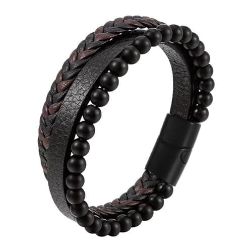 Zibuyu® Men's Genuine Leather Stacked Bracelet with Metal Magnetic Clasp Elegant Multi-Layer Wristband, Modern Business Jewelry Gift for Men, Ideal for Daily Wear or Special Occasions