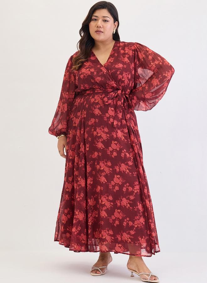 Plus Size Maroon Floral Print Wrap Maxi Dress
