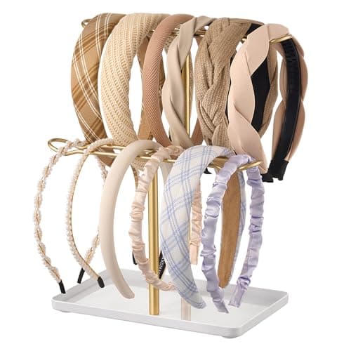 Headband Holder Organizer for Hair Accessories: Headband Storage Vanity Hair Clip Organizer, Two-Tier Stand with Storage Tray for Girls Women, Jewelry Necklace Rack for Vanity, Bathroom, Gold