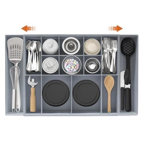 Dravina Expandable Kitchen Organizer Tray for Cutlery, Spices, Cosmetics & Stationery | Multipurpose Adjustable Drawer Organizer for Kitchen, Bedroom, Bathroom & Office Storage (Grey).