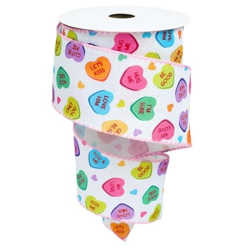 JarThenaAMCS Valentines Day Wired Edge Ribbon Conversation Heart Candy Heart Fabric Craft Ribbon for Gift Wrapping Floral Arrangement Wreath Bow DIY Crafts Decor 10 Yards 25 Inch